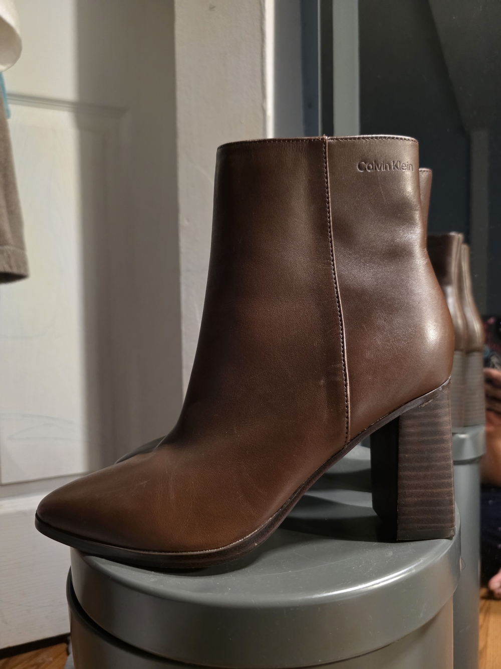 Calvin Klein Brown Leather Block-Heel Ankle Boots